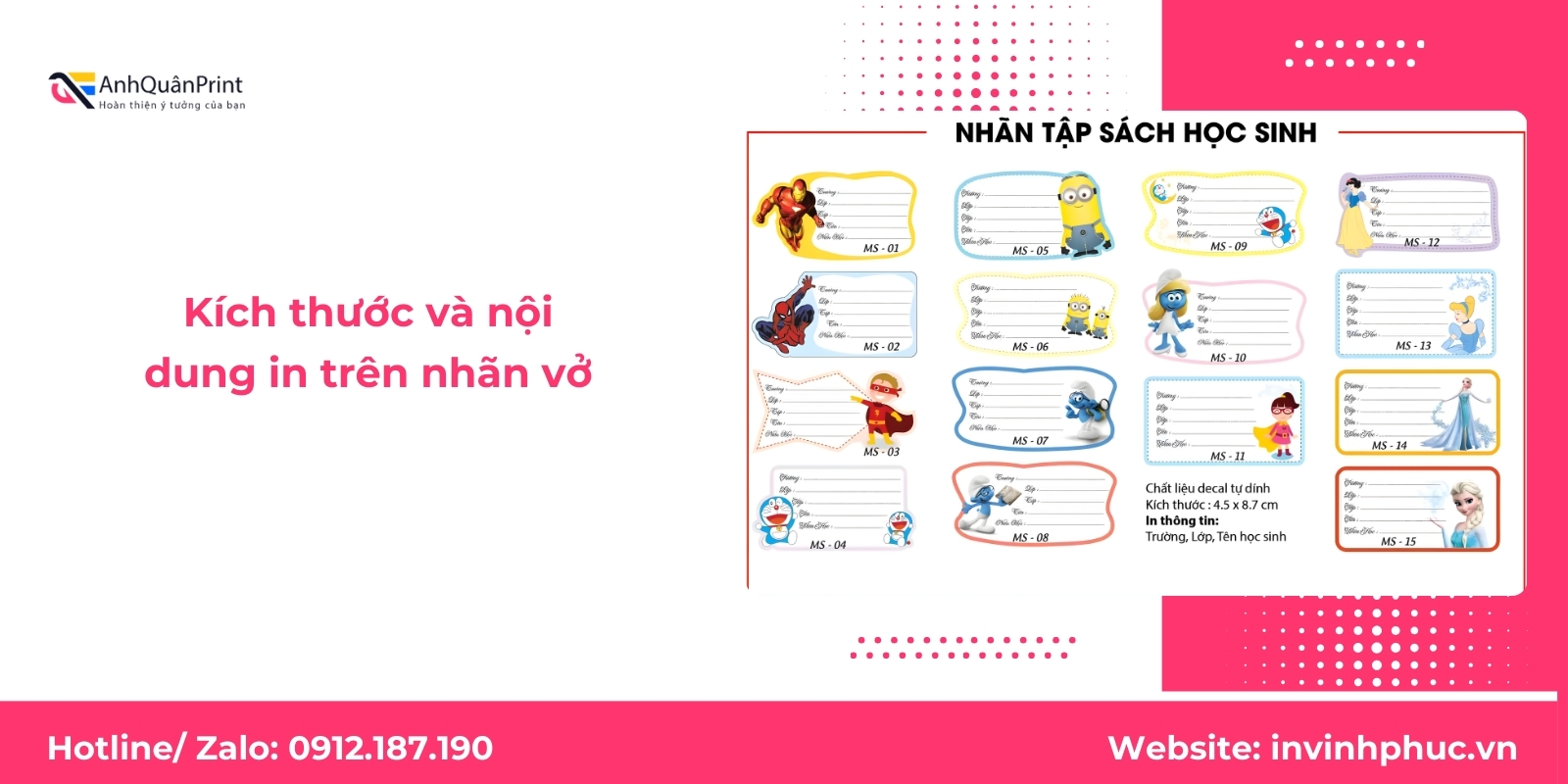 Kích thước và nội dung in trên nhãn vở